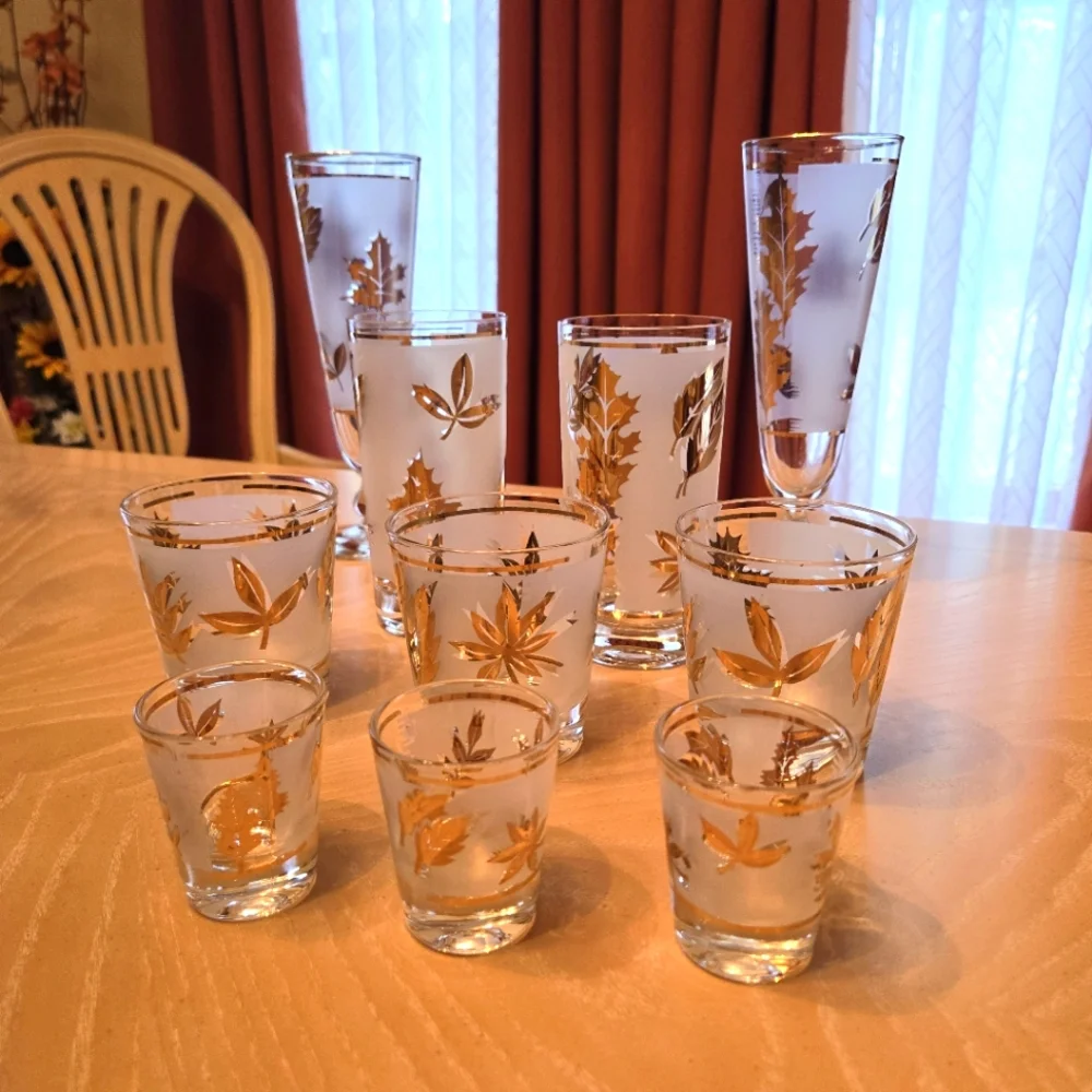 Vintage Gold Leaf 3-2-3-3 Bar Glasses, 3 Pilsner, 2 Tumbler, 3 Highball, 3 Shot